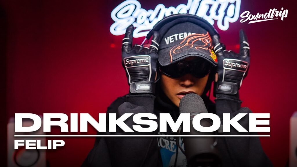 FELIP wearing a VETEMENTS Flame Logo baseball cap during the DRINKSMOKE live performance for SoundTrip DBTV